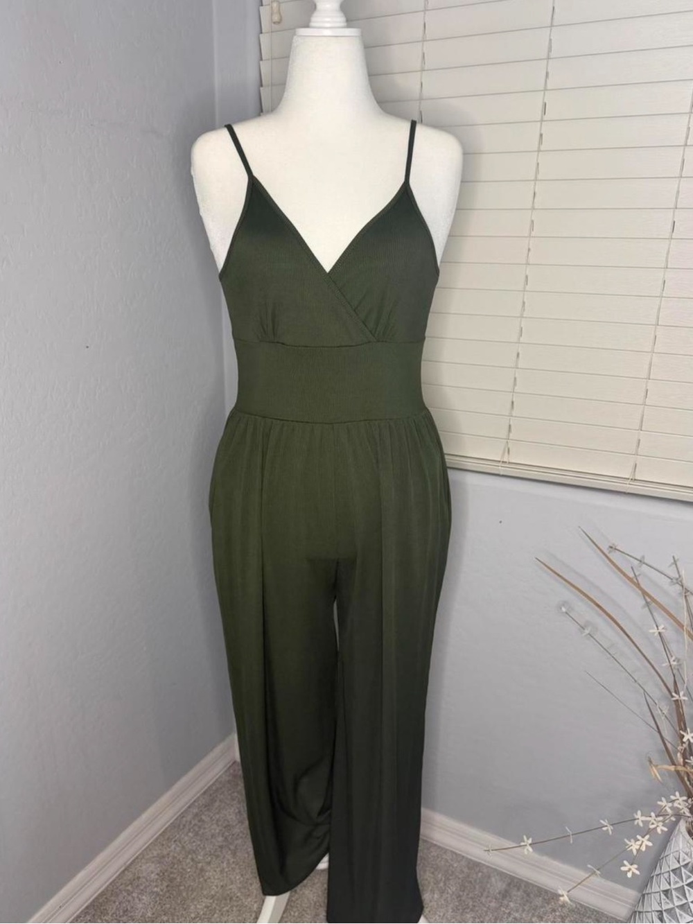 Olive Green V-Neck Wide-Leg Jumpsuit with Spaghetti Straps